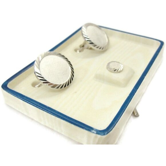 Vintage Swank Cufflinks Set Silver Tone Disc Shaped Fluted Edge With Tie Tack - Picture 11 of 13